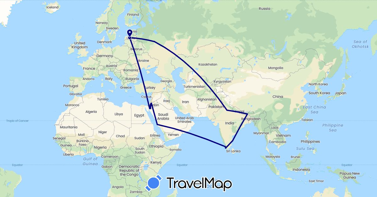 TravelMap itinerary: driving in Israel, India, Jordan, Latvia, Russia, Saudi Arabia (Asia, Europe)